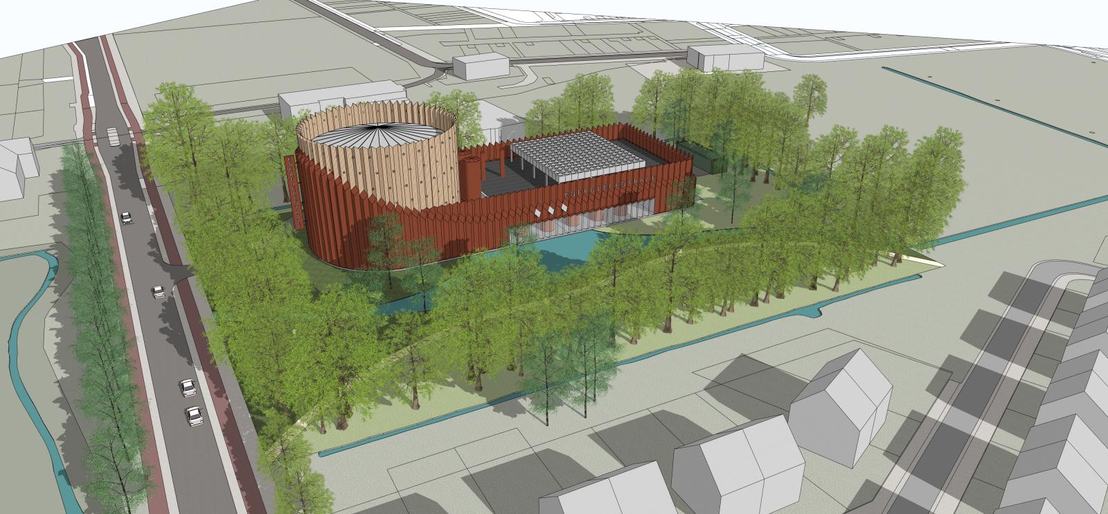 Artist impression van de energiecentrale voor het warmtenet. Beeld: Gemeente Venlo